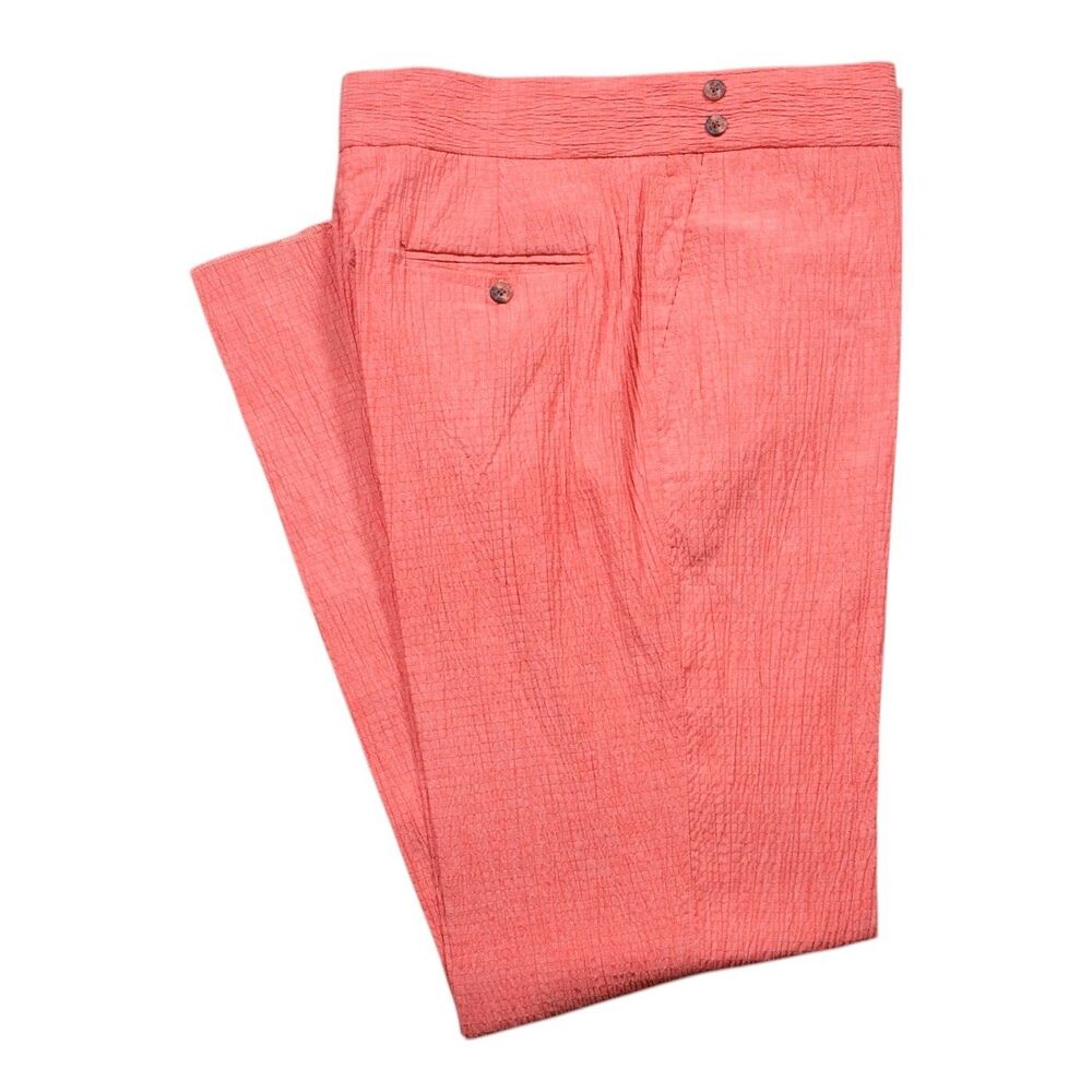 Mens Gurkha Pants 34 Coral Pink Seersucker High Waist Straight Fit Flat Front